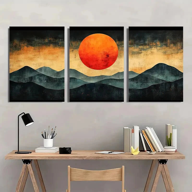 3pcs Century Orange Sun Abstract Illustrations Metal Print Ready to Hang Art