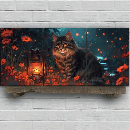 3pcs Kitten And Lantern Flowers Metal Print Ready to Hang Art