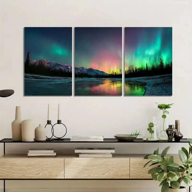 3pcs Northern Lights Over Alaska Art Painting Metal Print Ready to Hang Art