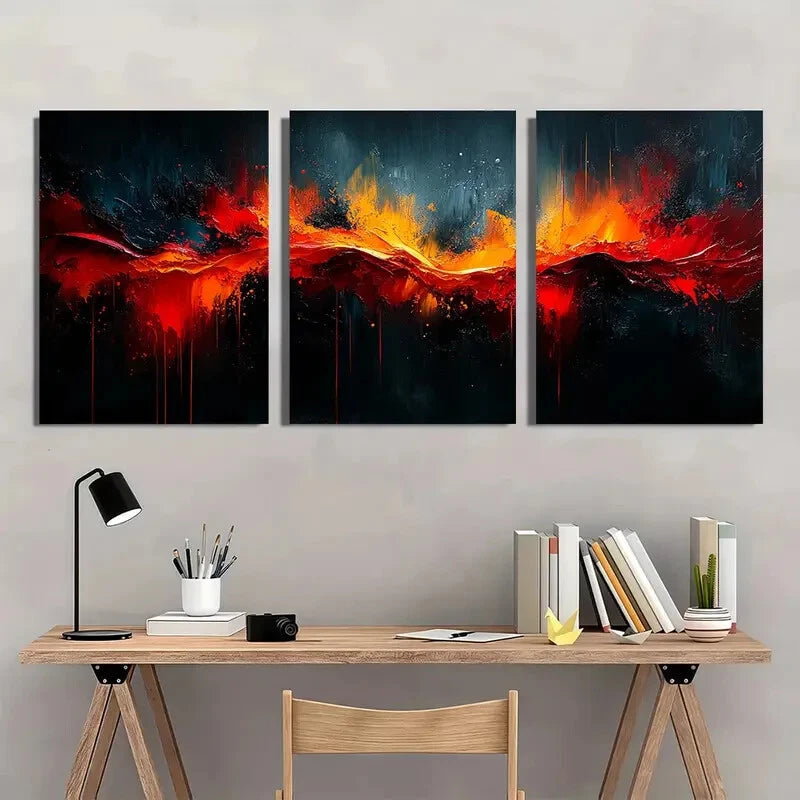 3pcs Vibrant Red Orange & Blue Brushstroke Wall Art Set Canvas Framed 40x60cm - High Quality Print 100% Australian Made Wall Canvas Ready to Hang
