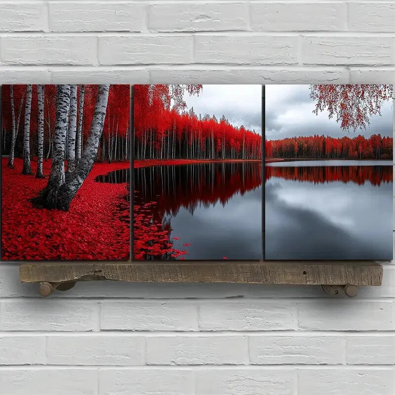 3pcs Roses The Lake Side Modern Nature Metal Print Ready to Hang Art