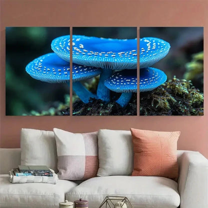 3pcs Vibrant Blue Mushroom Macro Photography Metal Print Ready to Hang Art