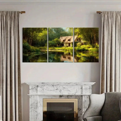 3pcs Thatched Roof Lush Greenery Serene Lake Metal Print Ready to Hang Art