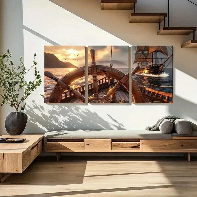 3pcs Rudder Sunset Ship Ocean Birds Art Painting Metal Print Ready to Hang Art