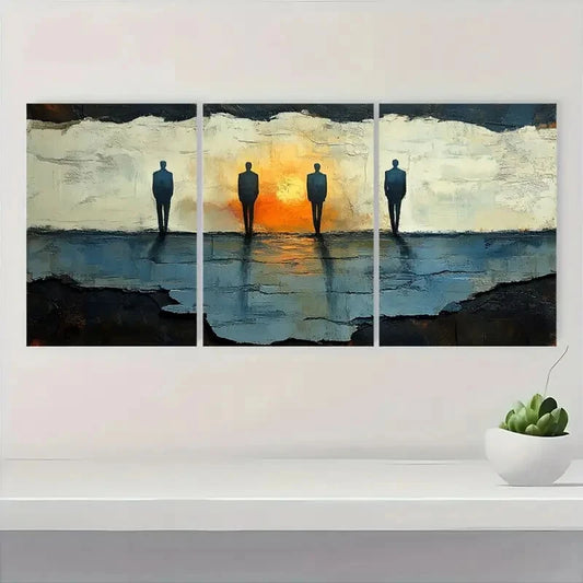 3pcs Minimalist Figures in Serene Beige & Blue Hue Metal Print Ready to Hang Art