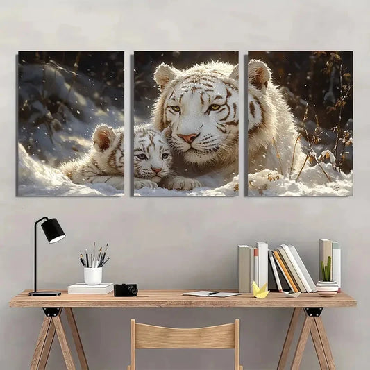 3pcs White Tiger Mother and Cub Painting Wall Art Set Canvas Framed 60x90cm - High Quality Print 100% Australian Made Wall Canvas Ready to Hang