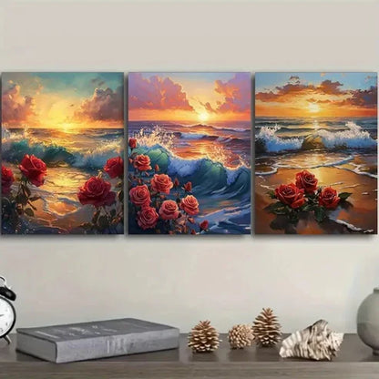3pcs Featuring a Sunset, Ocean, And Blooming Wall Art Canvas Unframed - High Quality Print 100% Australian Made Wall Canvas