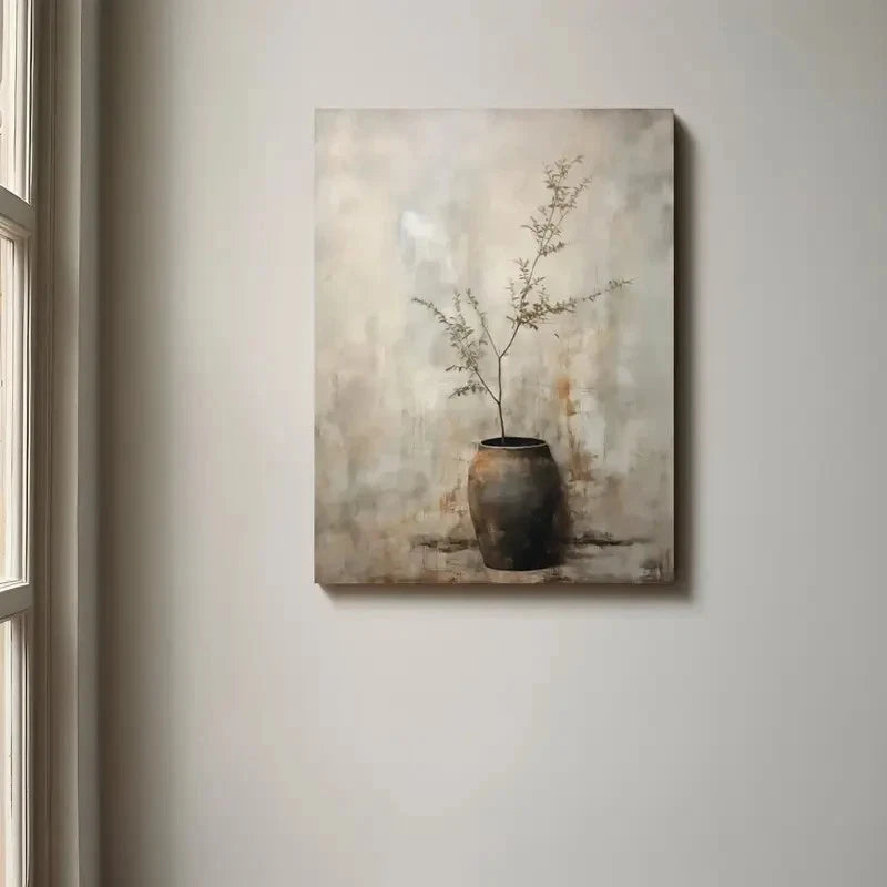 Artistic depiction of a vase with branches on a textured wall.