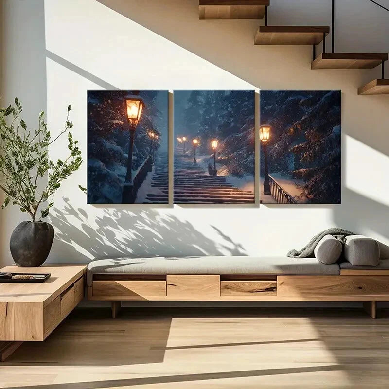 3pcs Winter Wonderland Staircase Snowy Night Metal Print Ready to Hang Art