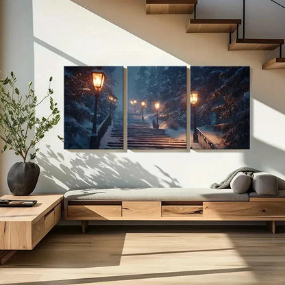 3pcs Winter Wonderland Staircase Snowy Night Metal Print Ready to Hang Art
