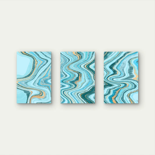 3pcs Blue and Gold Fluid Waves Abstract Art Wall Art Set Canvas Framed 60x90cm - High Quality Print 100% Australian Made Wall Canvas Ready to Hang