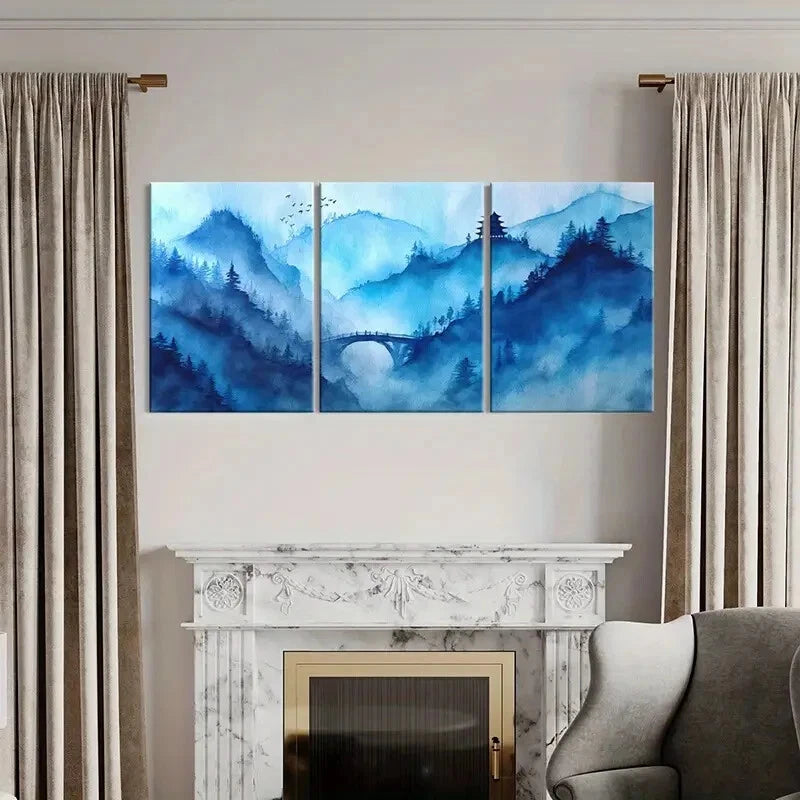 3pcs Blue Mountain Landscape Traditional Pagoda Metal Print Ready to Hang Art
