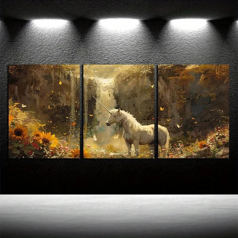 3pcs Unicorn and Waterfall with Sunflowers Design Metal Print Ready to Hang Art