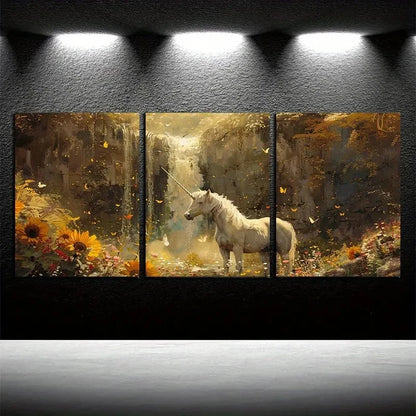 3pcs Unicorn and Waterfall with Sunflowers Design Metal Print Ready to Hang Art