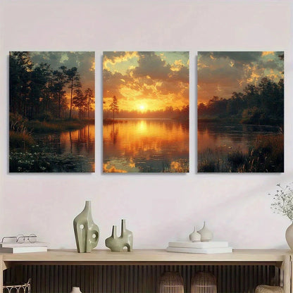 3pcs Vintage Style Lake and Pine Tree Forest Metal Print Ready to Hang Art