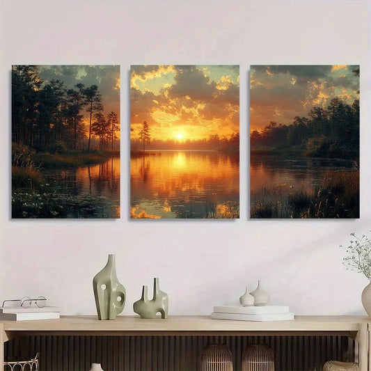 3pcs Vintage Style Lake and Pine Tree Forest Metal Print Ready to Hang Art