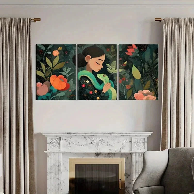 3pcs Woman Embracing Snake Floral Surroundings Metal Print Ready to Hang Art