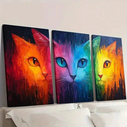 3pcs Vibrant Cat Colorful Abstract Decor Wall Art Set Canvas Framed 40x60cm - High Quality Print 100% Australian Made Wall Canvas Ready to Hang
