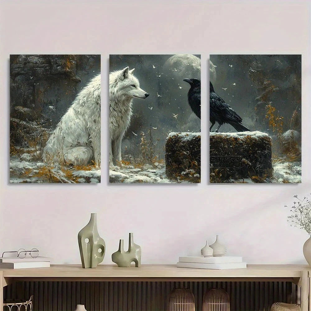 3pcs Gothic White Wolf and Crow Metal Print Ready to Hang Art
