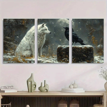 3pcs Gothic White Wolf and Crow Metal Print Ready to Hang Art