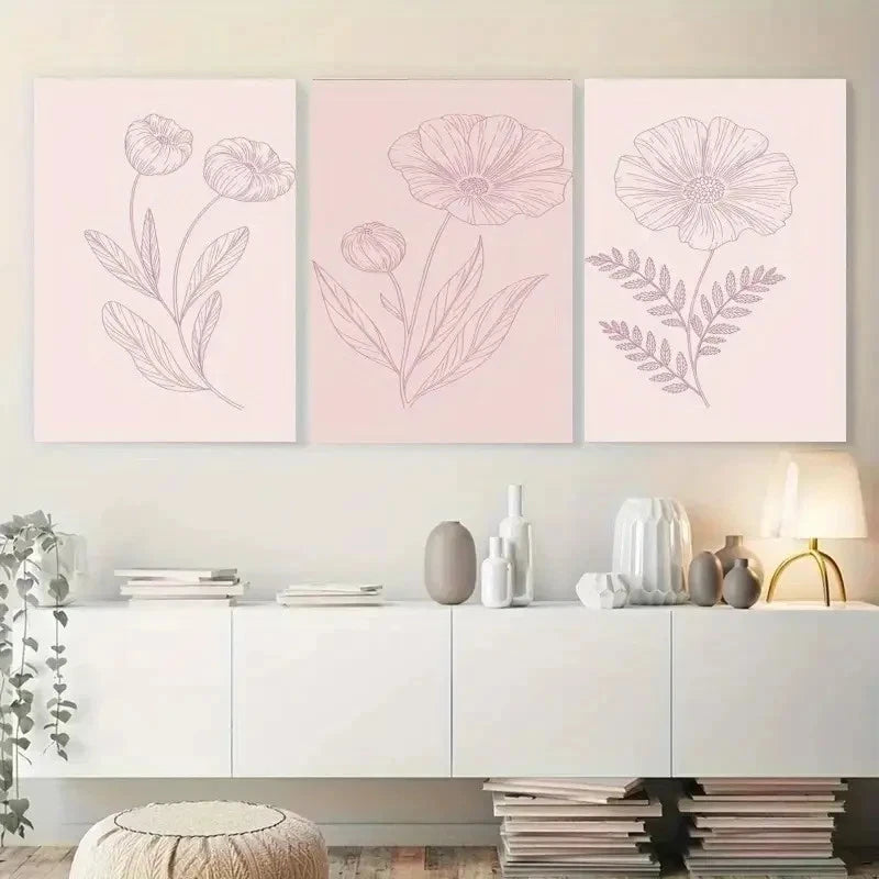 3pcs Line Flowers Botanical Painting Art Metal Print Ready to Hang Art