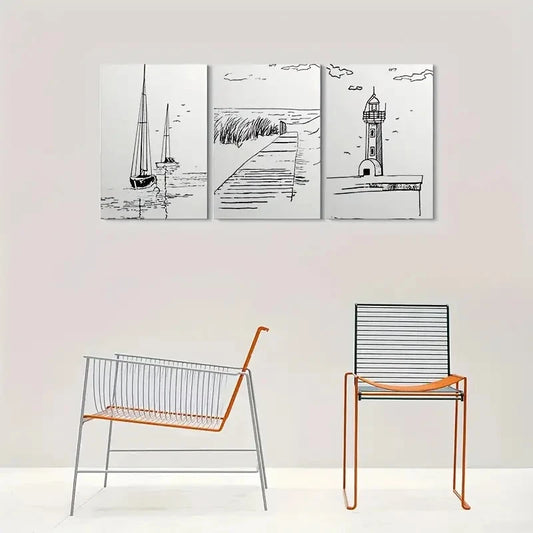 3pcs Seaside Sketches Lighthouse Sailboats Metal Print Ready to Hang Art