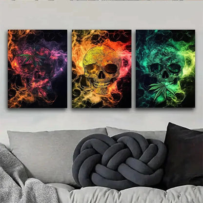 3pcs Colorful Skulls with Swirling Colors Metal Print Ready to Hang Art