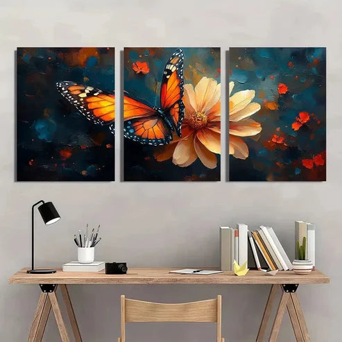 3pcs Vibrant Butterfly & Flower Wall Art Set Canvas Unframed - High Quality Print 100% Australian Made Wall Canvas