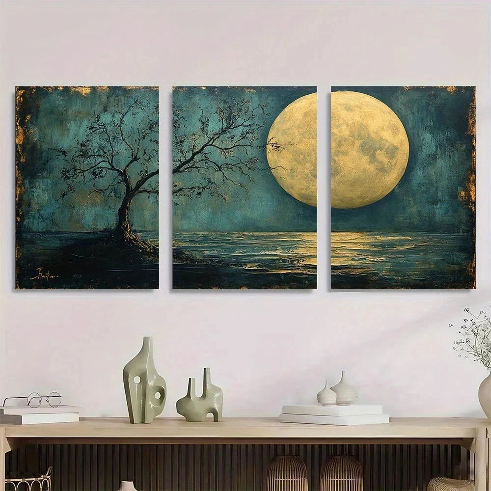 3pcs Rustic Moonlit Tree Forest Vintage Metal Print Ready to Hang Art
