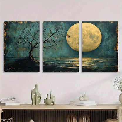 3pcs Rustic Moonlit Tree Forest Vintage Metal Print Ready to Hang Art