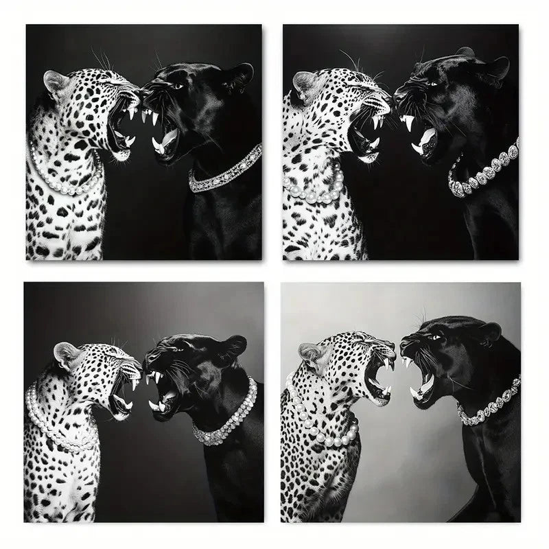 4pcsBlack and white fun cheetahWall Art Canvas Framed