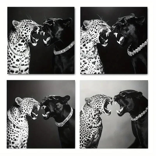 4pcsBlack and white fun cheetahWall Art Canvas Framed