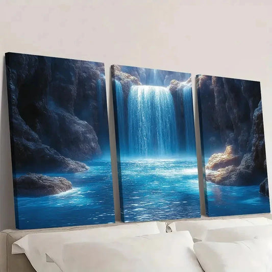3pcs Blue Waterfall Landscape A   Wall Art Set Canvas Framed 50x70cm - High Quality Print 100% Australian Made Wall Canvas Ready to Hang