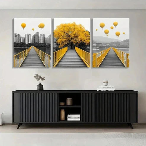 3pcs Yellow Bridge and Hot Air Balloon Perfect Wall Art Set Canvas Unframed - High Quality Print 100% Australian Made Wall Canvas