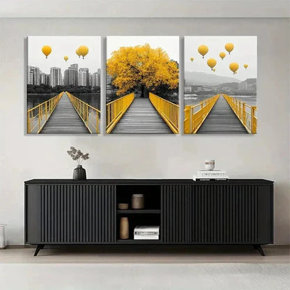 3pcs Yellow Bridge and Hot Air Balloon Perfect Wall Art Set Canvas Unframed - High Quality Print 100% Australian Made Wall Canvas