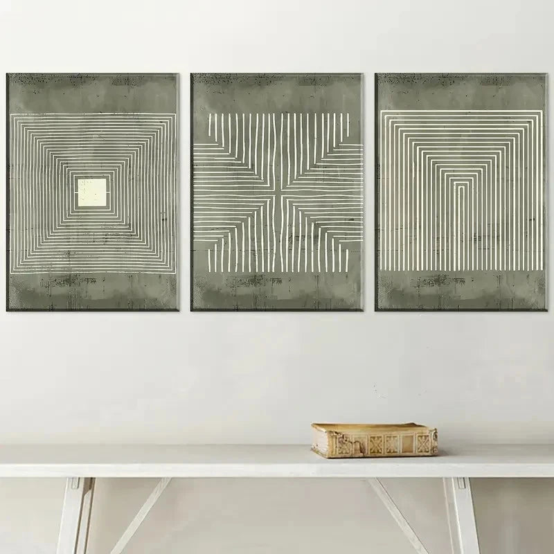 3pcs Green Abstract Geometric Line Art Metal Print Ready to Hang Art
