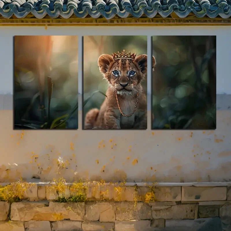 3pcs Lion Cub with Clown and Gold Chain Metal Print Ready to Hang Art