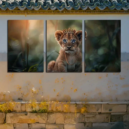 3pcs Lion Cub with Clown and Gold Chain Metal Print Ready to Hang Art
