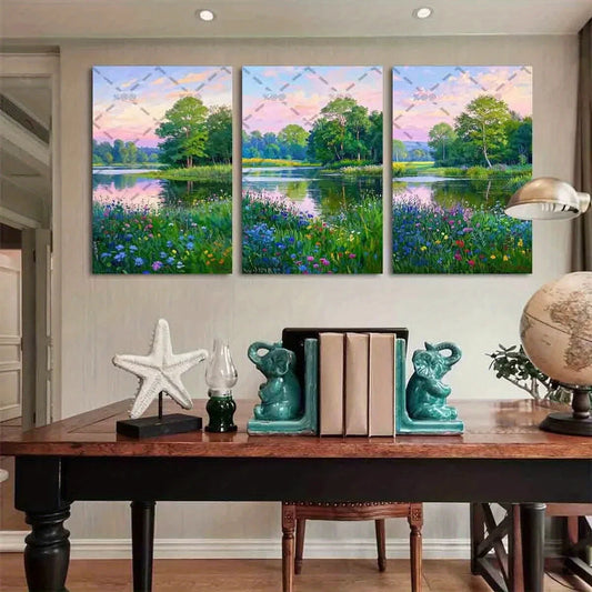 3pcs Serene Michigan Forest Lake & Wildflower Metal Print Ready to Hang Art