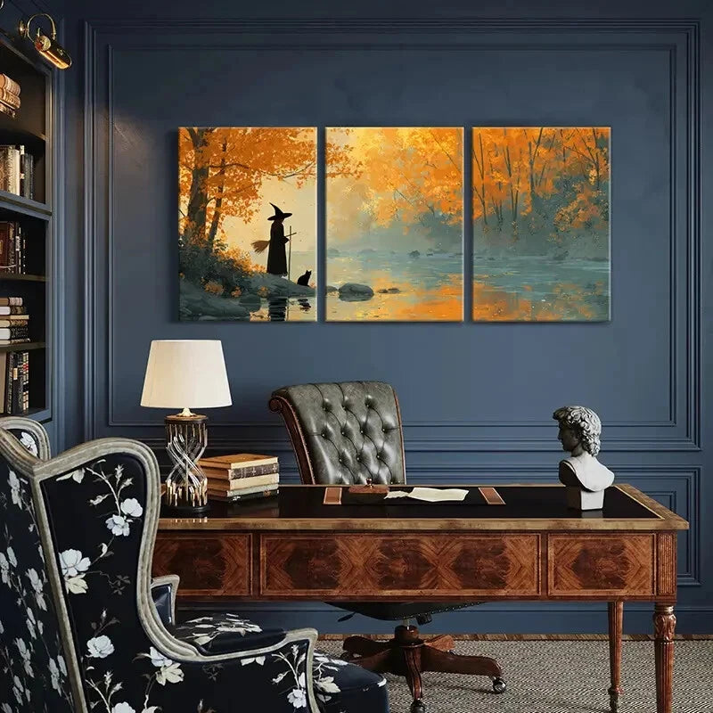 3pcs Autumn Forest Witch Silhouette Serene Lake Metal Print Ready to Hang Art
