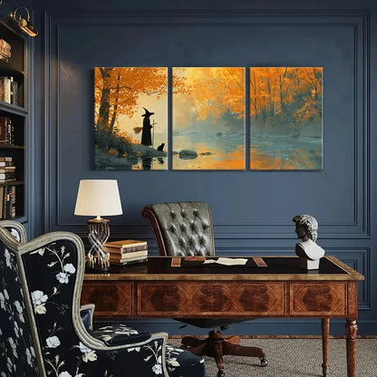 3pcs Autumn Forest Witch Silhouette Serene Lake Metal Print Ready to Hang Art