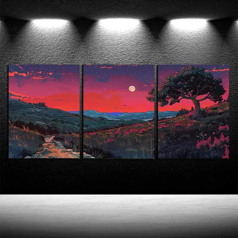 3pcs The Winding Hills and Paths of The Village Metal Print Ready to Hang Art