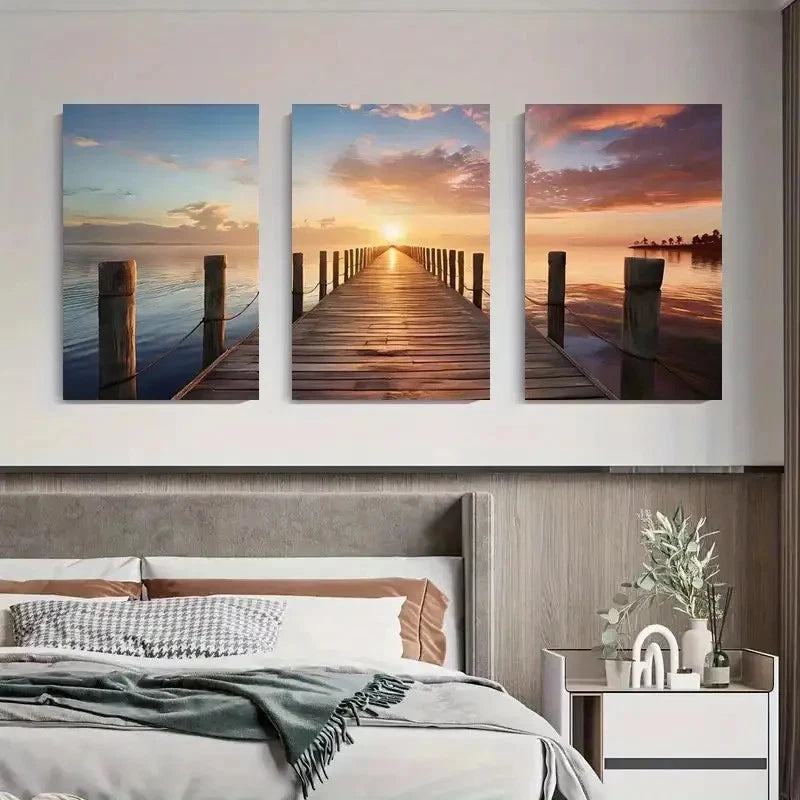 3pcs Ocean Pier Prints with Warm Sunset Metal Print Ready to Hang Art