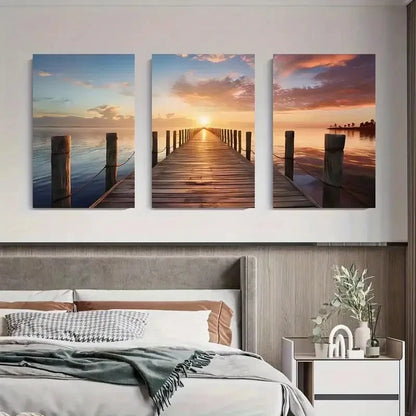 3pcs Ocean Pier Prints with Warm Sunset Metal Print Ready to Hang Art