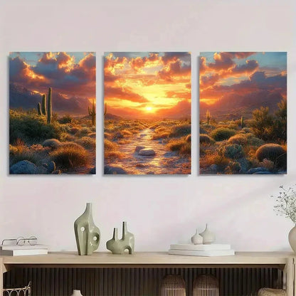 3pcs Desert Sunset Landscape with Cacti Metal Print Ready to Hang Art