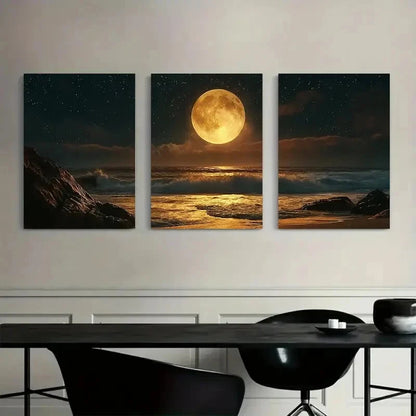3pcs Bright Yellow Moon Shining Sky Metal Print Ready to Hang Art