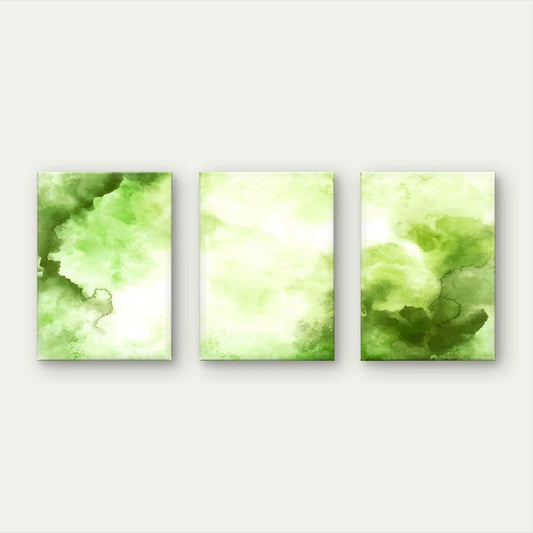 3pcs Vibrant Green Watercolour Wash Wall Art Set Canvas Framed 60x90cm - High Quality Print 100% Australian Made Wall Canvas Ready to Hang