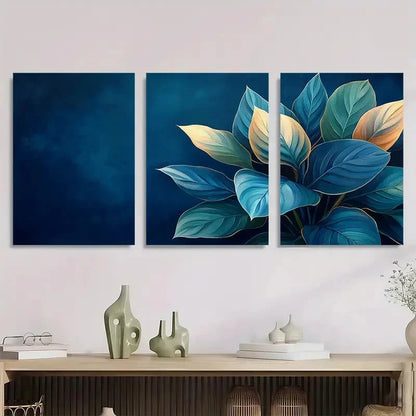 3pcs Vibrant Blue & Golden Calathea Perfect Wall Art Set Canvas Framed 40x60cm - High Quality Print 100% Australian Made Wall Canvas Ready to Hang