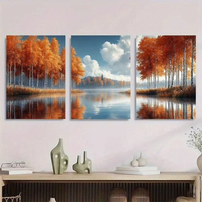 3pcs Autumn Birch Tree Serene River Scene Metal Print Ready to Hang Art