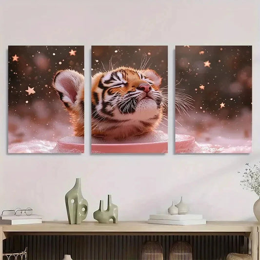 3pcs Whimsical Tiger Pink Playful Stars Metal Print Ready to Hang Art